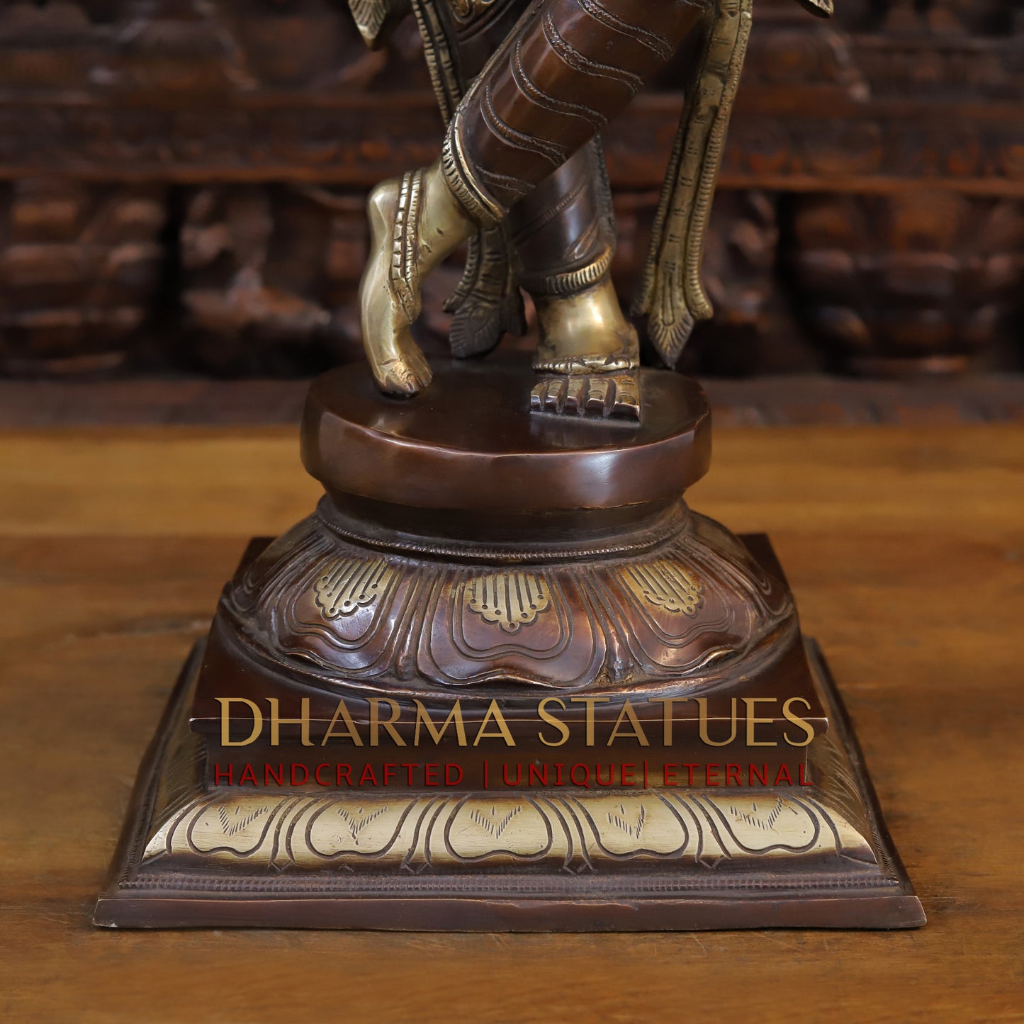 Brass Krishna Playing Flute on Pedestal, Copper & Gold Finish, 28"
