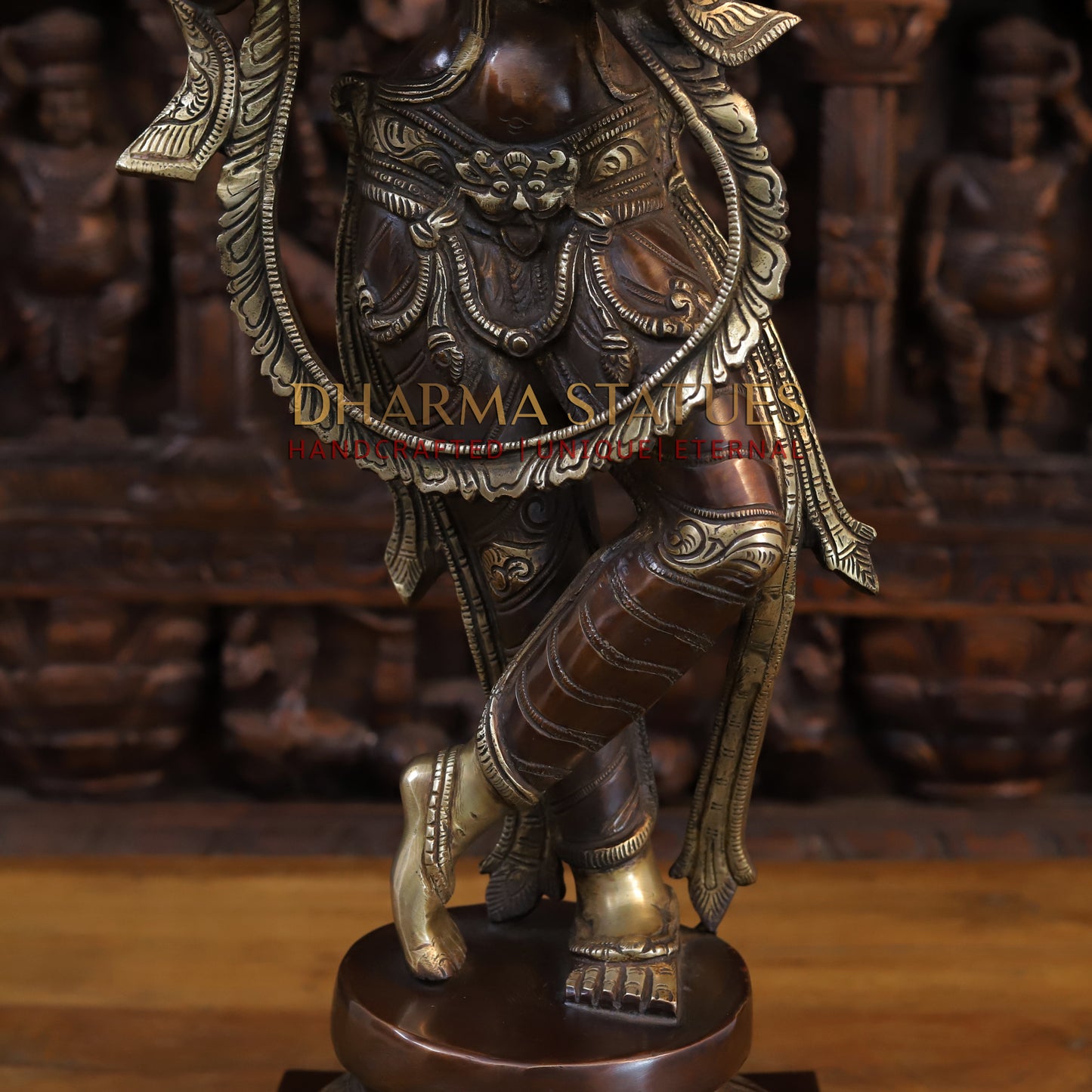 Brass Krishna Playing Flute on Pedestal, Copper & Gold Finish, 28"