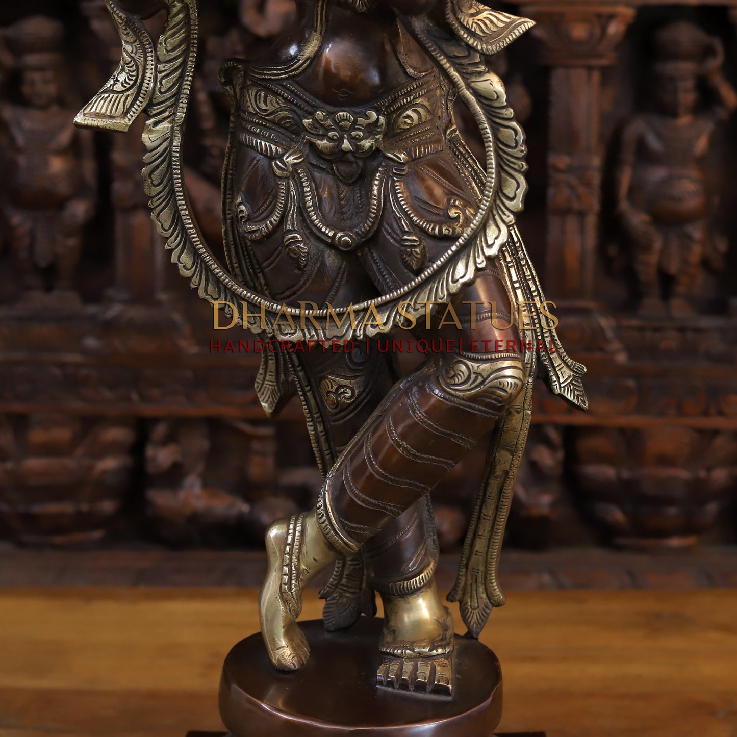 Brass Krishna Playing Flute on Pedestal, Copper & Gold Finish, 28"