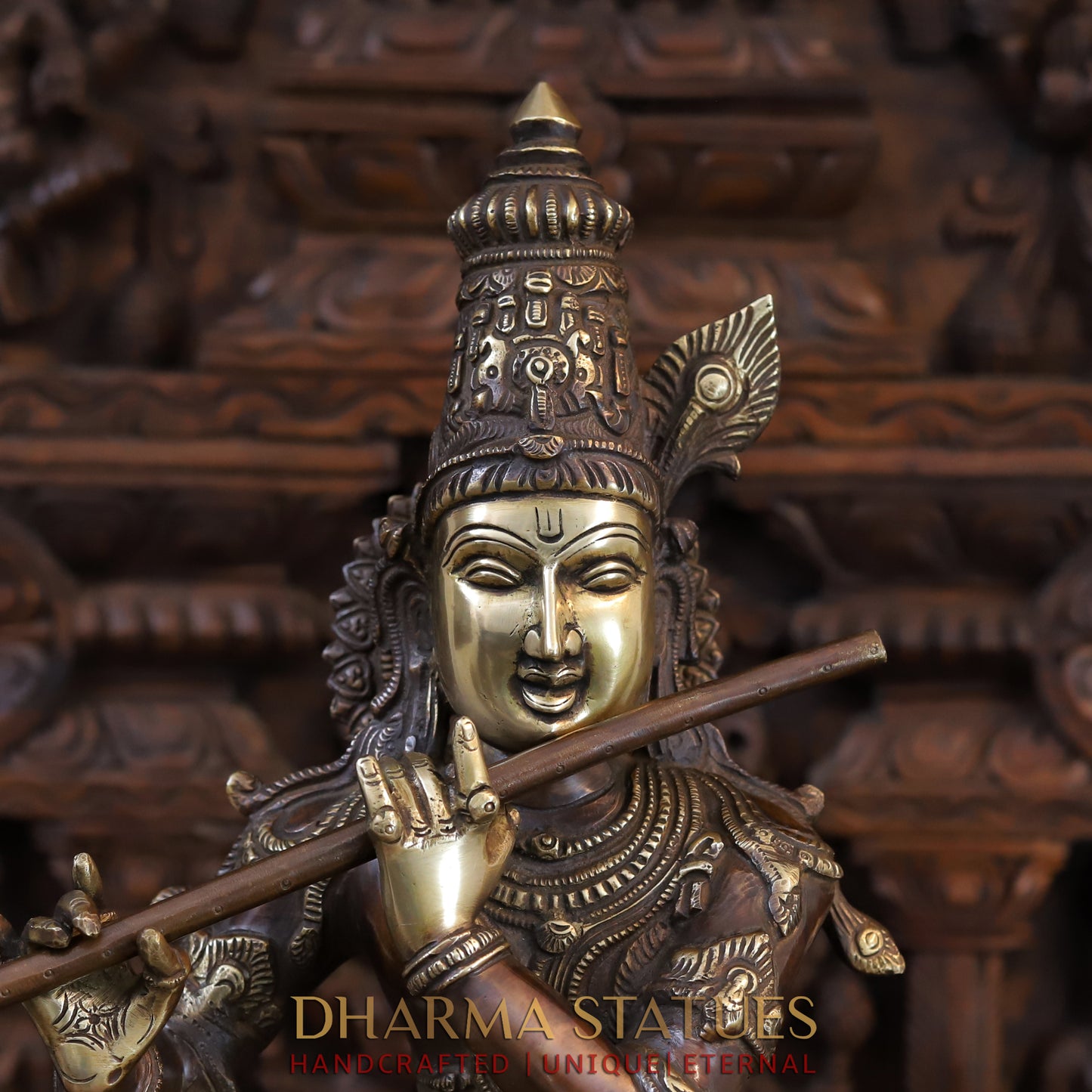 Brass Krishna Playing Flute on Pedestal, Copper & Gold Finish, 28"