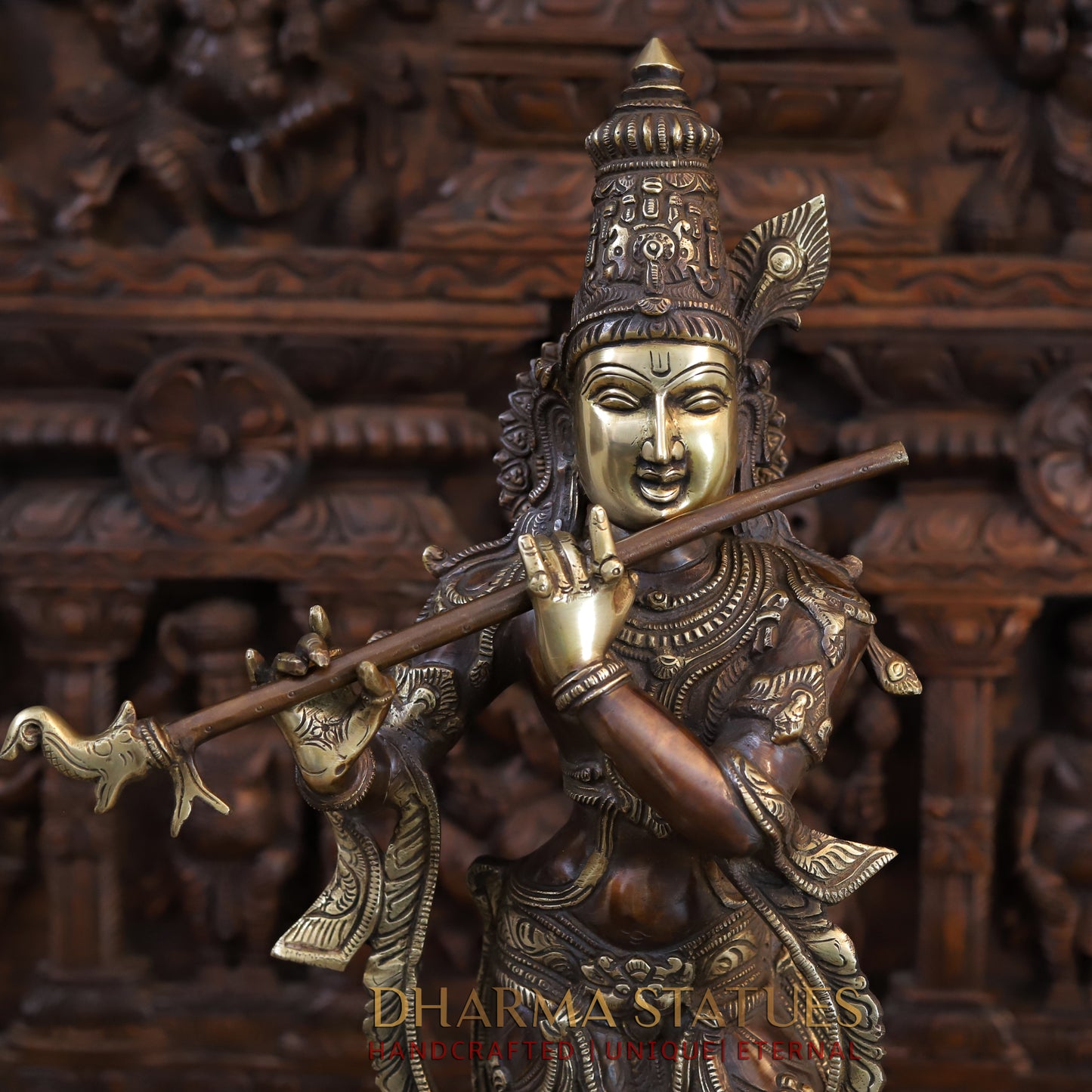 Brass Krishna Playing Flute on Pedestal, Copper & Gold Finish, 28"