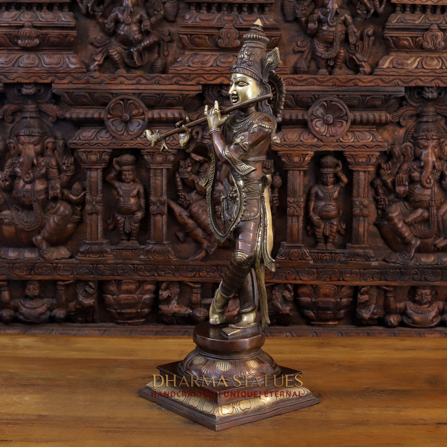 Brass Krishna Playing Flute on Pedestal, Copper & Gold Finish, 28"