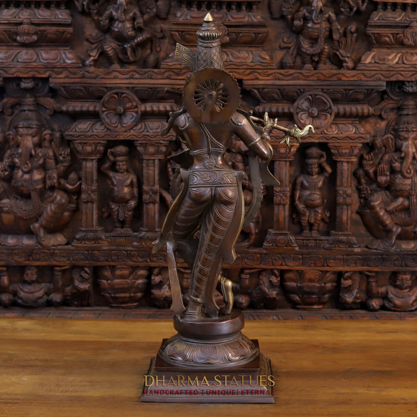 Brass Krishna Playing Flute on Pedestal, Copper & Gold Finish, 28"