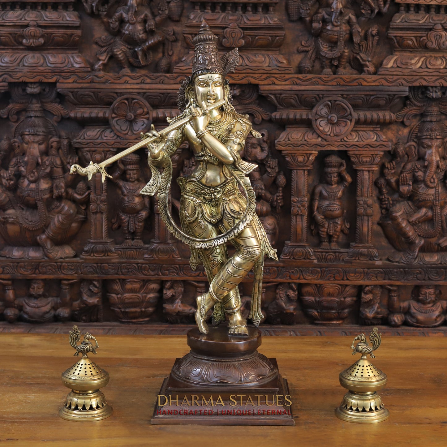 Brass Krishna Playing Flute on Pedestal, Copper & Golden Finish, 28"