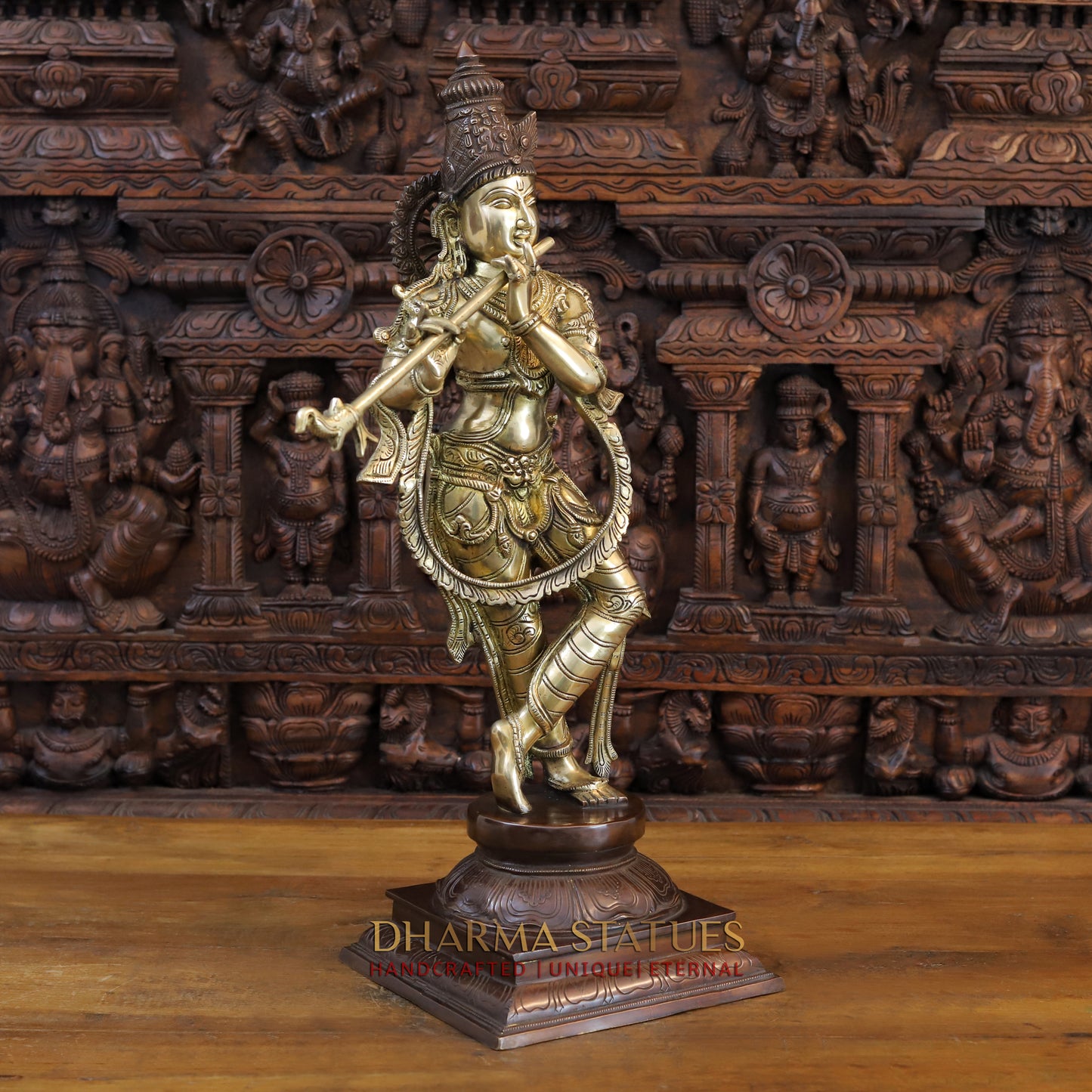 Brass Krishna Playing Flute on Pedestal, Copper & Golden Finish, 28"