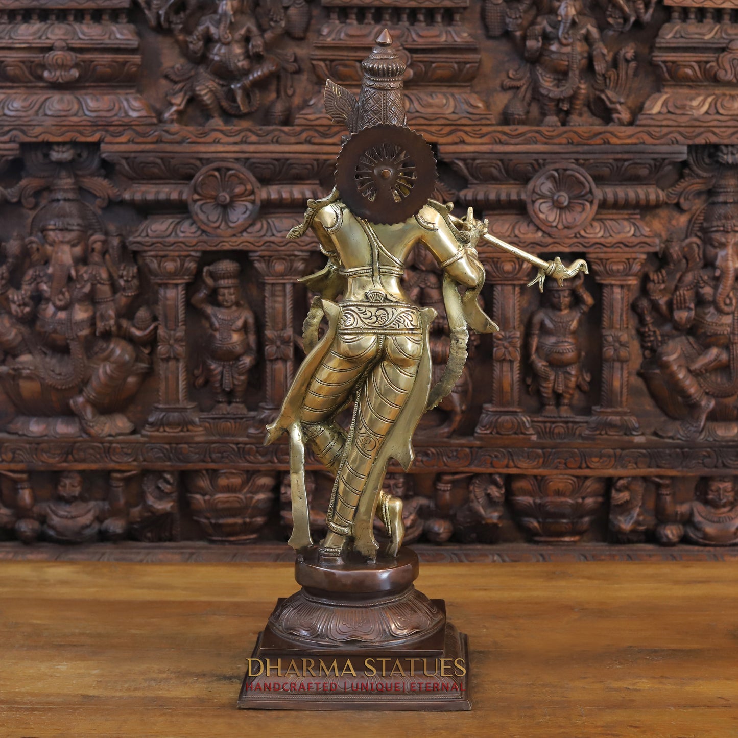Brass Krishna Playing Flute on Pedestal, Copper & Golden Finish, 28"