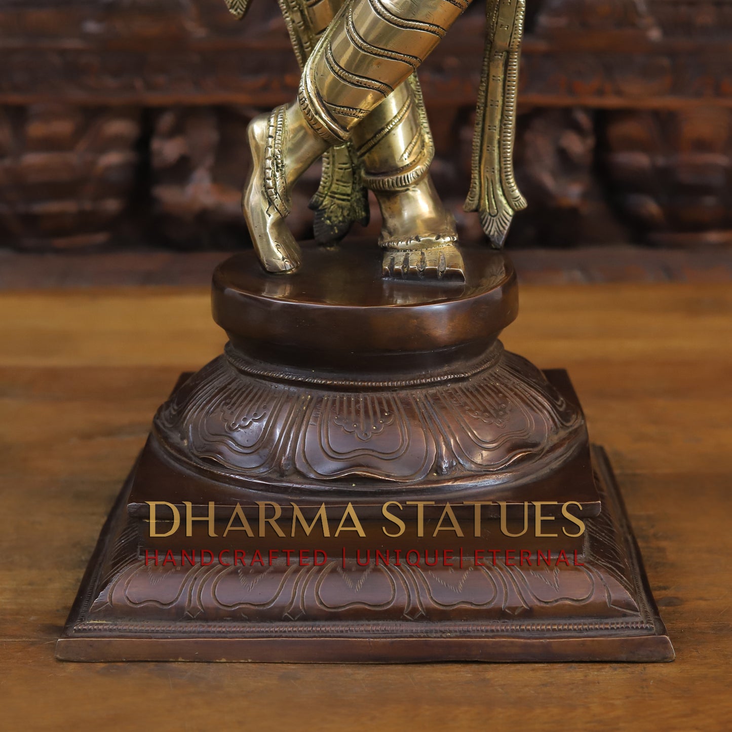 Brass Krishna Playing Flute on Pedestal, Copper & Golden Finish, 28"