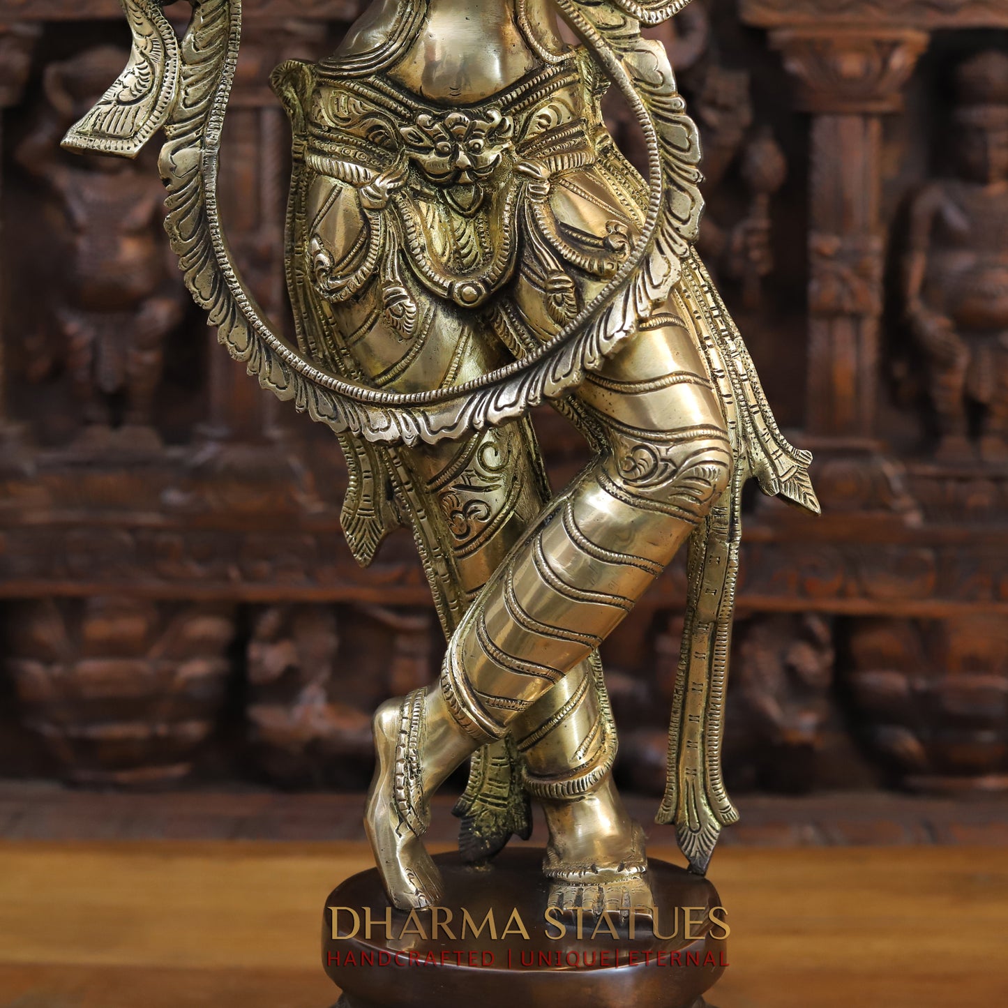 Brass Krishna Playing Flute on Pedestal, Copper & Golden Finish, 28"