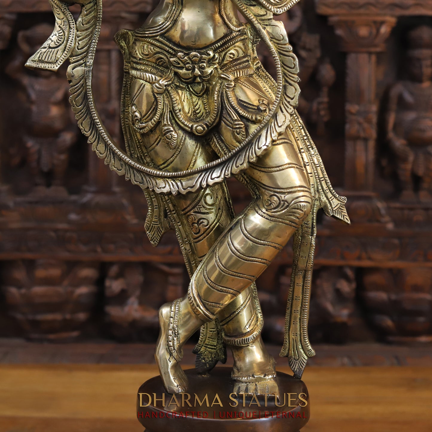 Brass Krishna Playing Flute on Pedestal, Copper & Golden Finish, 28"
