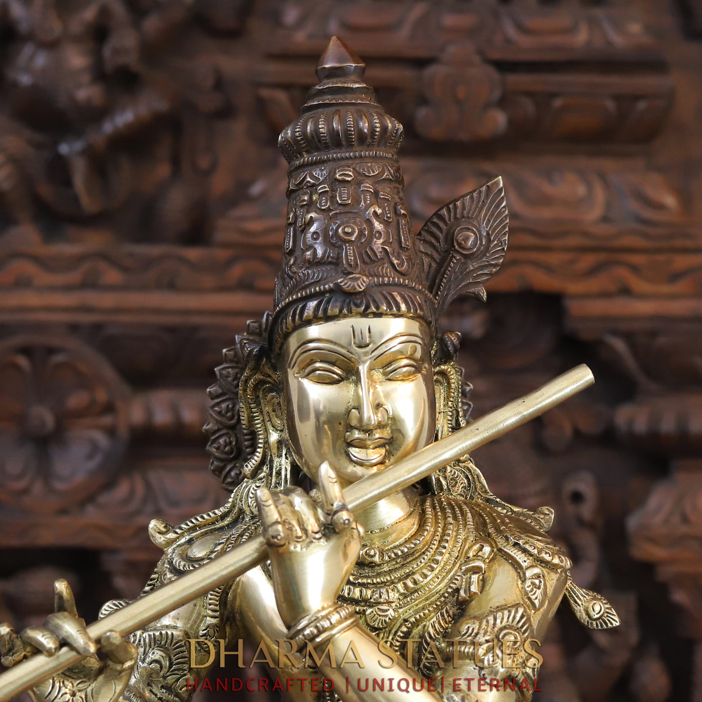 Brass Krishna Playing Flute on Pedestal, Copper & Golden Finish, 28"