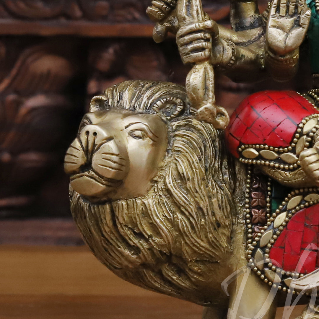 Brass Durga Sitting on a Mighty Lion. 8.5"