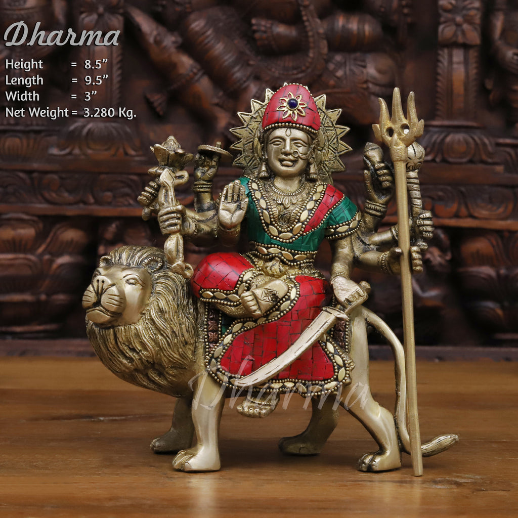 Durga Brass Statue, Sitting on a Mighty Lion, Stone work with Antique Gold Finish, 8.5"