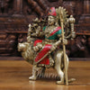 Durga Brass Statue, Sitting on a Mighty Lion, Stone work with Antique Gold Finish, 8.5"