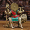 Durga Brass Statue, Sitting on a Mighty Lion, Stone work with Antique Gold Finish, 8.5"