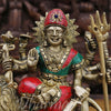 Durga Brass Statue, Sitting on a Mighty Lion, Stone work with Antique Gold Finish, 8.5"