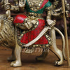 Durga Brass Statue, Sitting on a Mighty Lion, Stone work with Antique Gold Finish, 8.5"