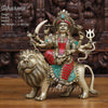 Brass Durga Statue- Durga is Sitting on the Lion, Golden & Stone work 11" Front View