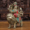 Brass Durga Statue- Durga is Sitting on the Lion, Stone work with Antique Gold Finish 11"