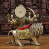 Brass Durga Statue- Durga is Sitting on the Lion, Stone work with Antique Gold Finish 11"