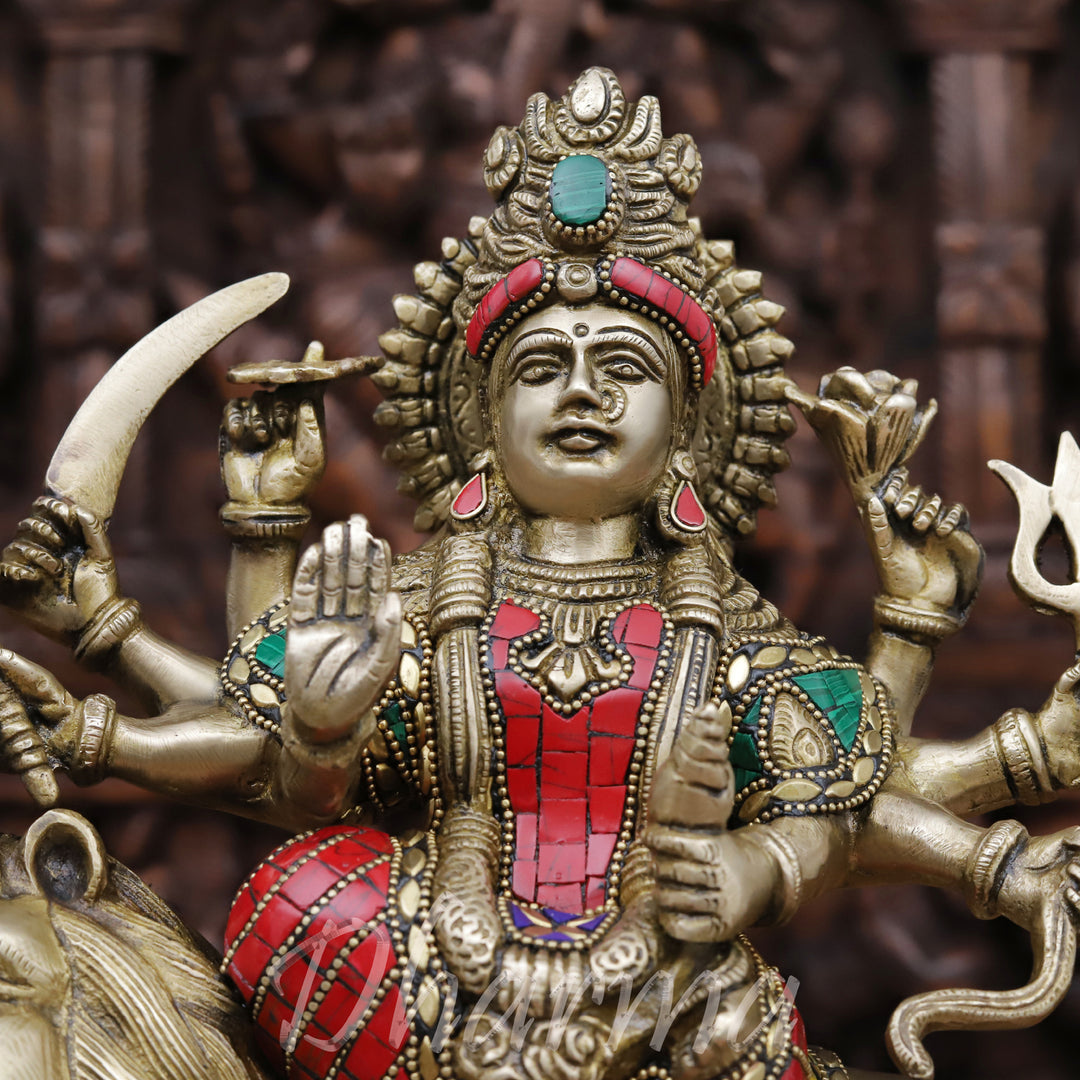 Brass Durga Statue, Maa Durga is Sitting on the Myghti Lion. 11"