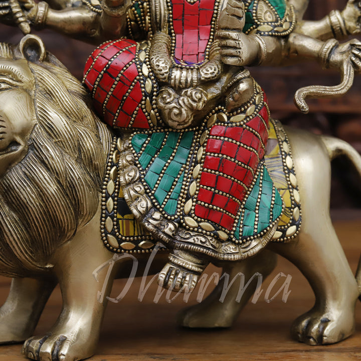 Brass Durga Statue, Maa Durga is Sitting on the Myghti Lion. 11"