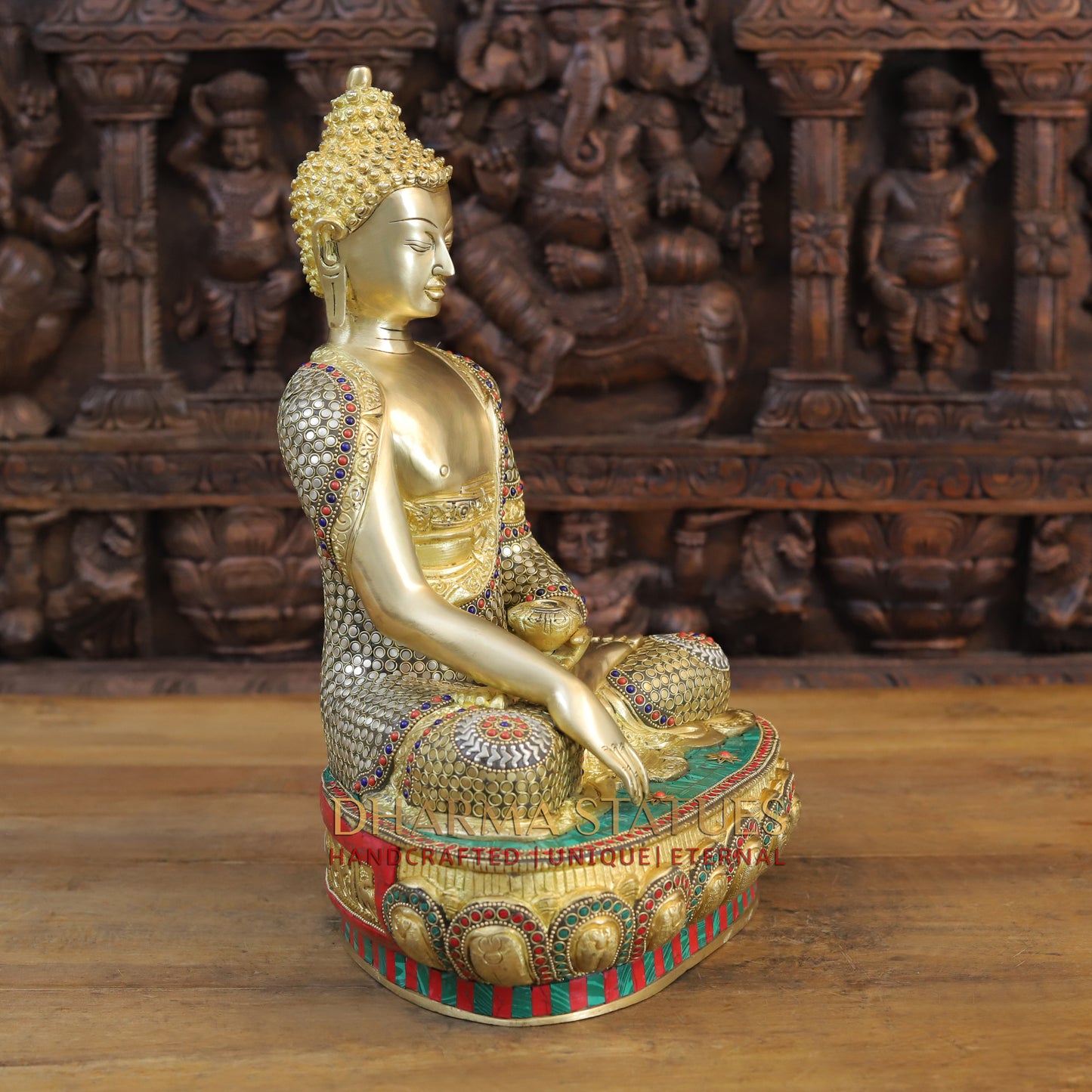 Brass Buddha seated in Bhumisparsha Mudra, Golden & Stonework, 16.5"