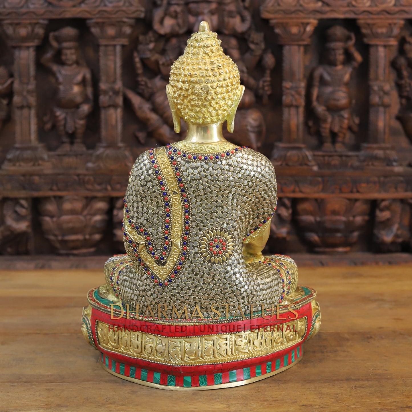 Brass Buddha seated in Bhumisparsha Mudra, Golden & Stonework, 16.5"