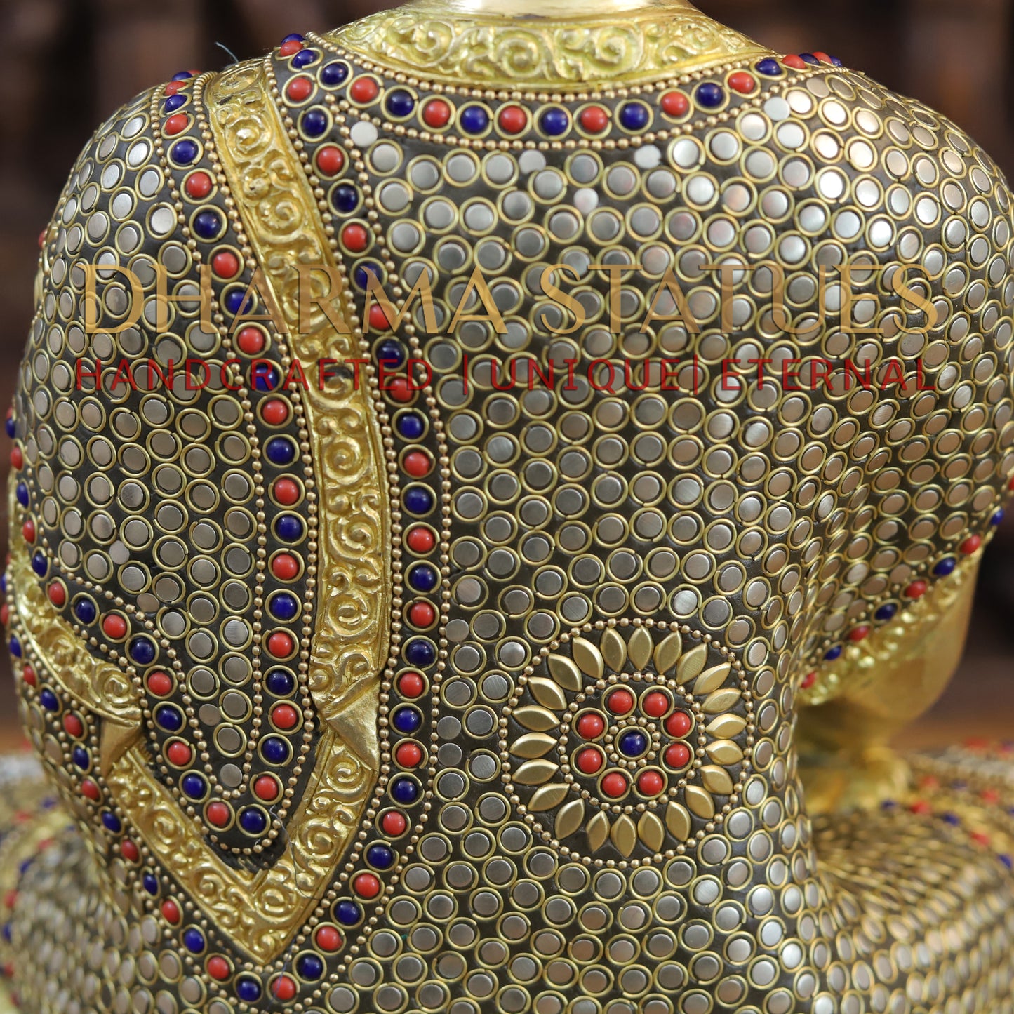 Brass Buddha seated in Bhumisparsha Mudra, Golden & Stonework, 16.5"