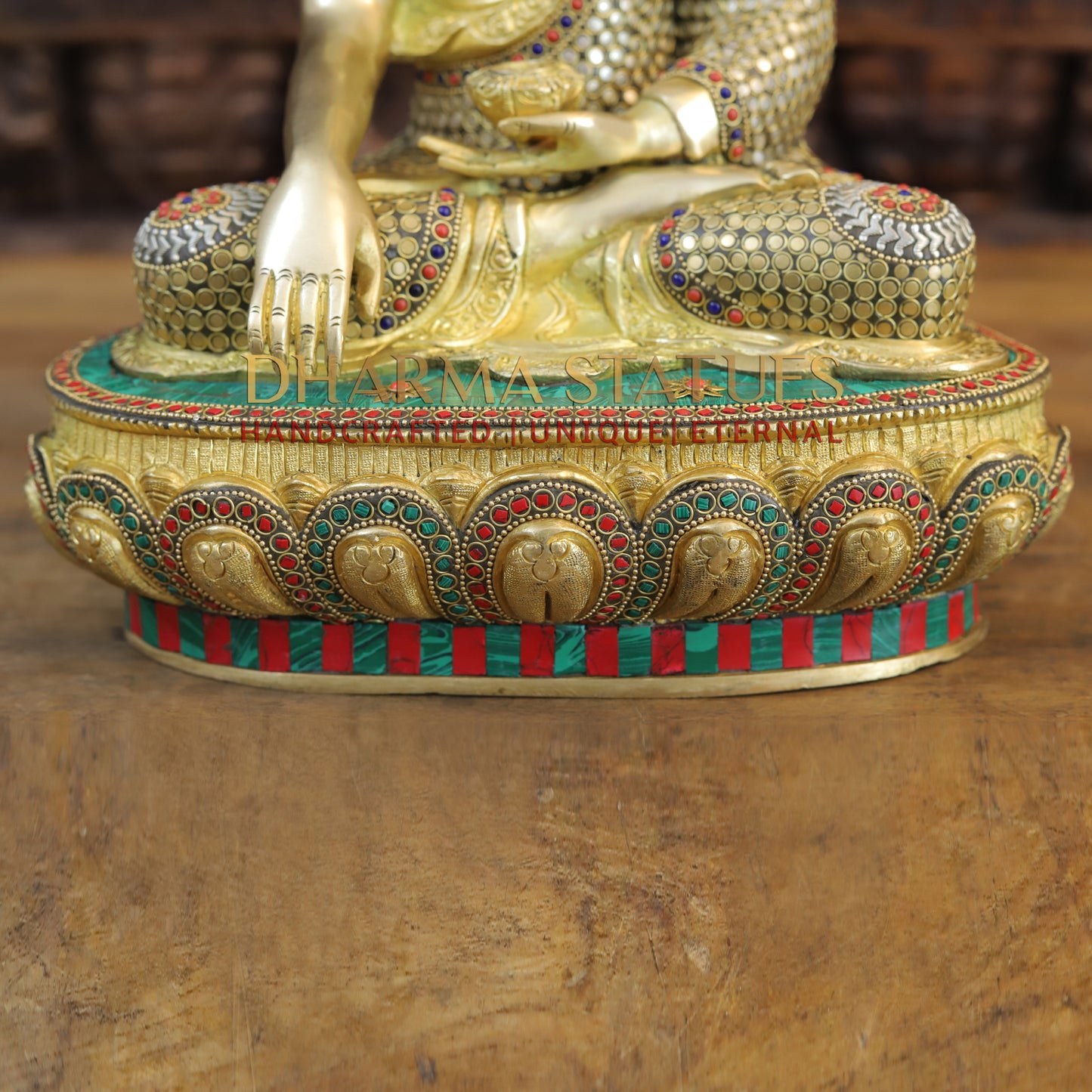 Brass Buddha seated in Bhumisparsha Mudra, Golden & Stonework, 16.5"