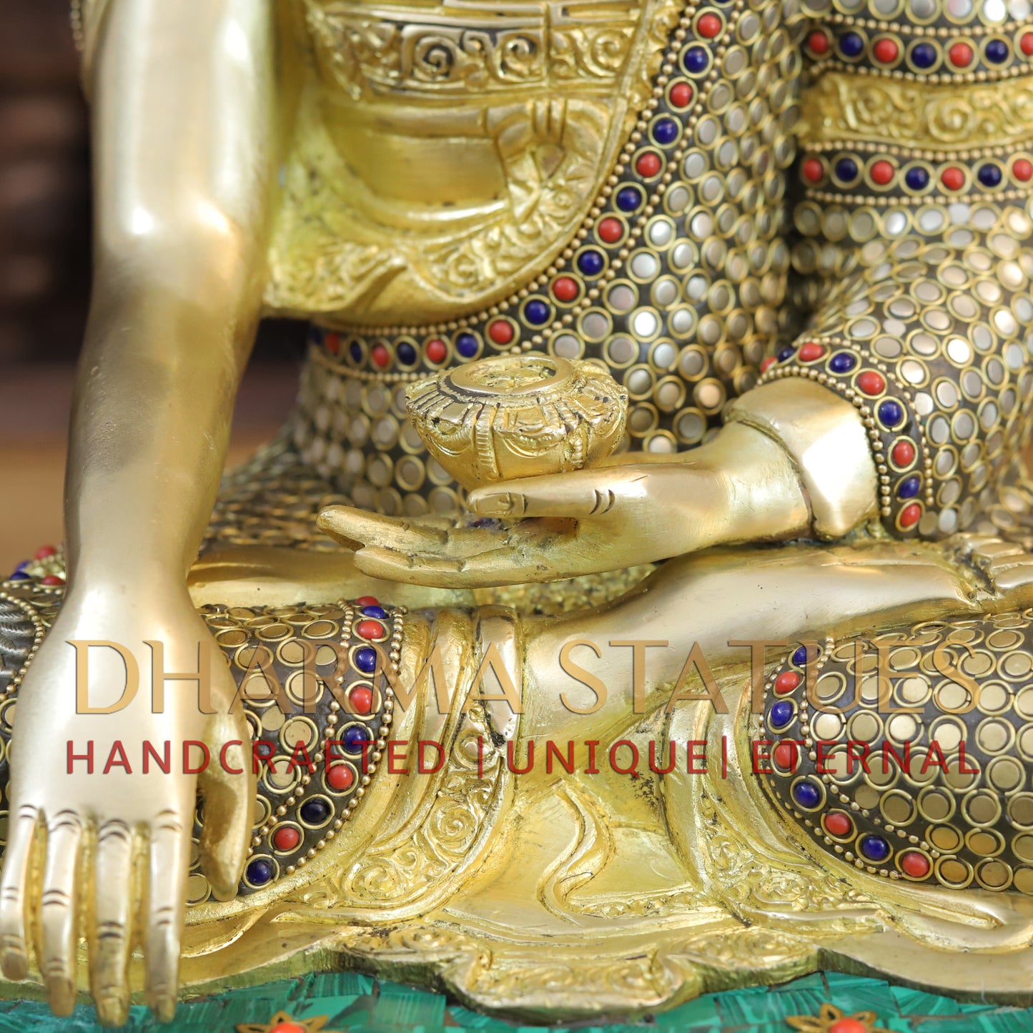 Brass Buddha seated in Bhumisparsha Mudra, Golden & Stonework, 16.5"