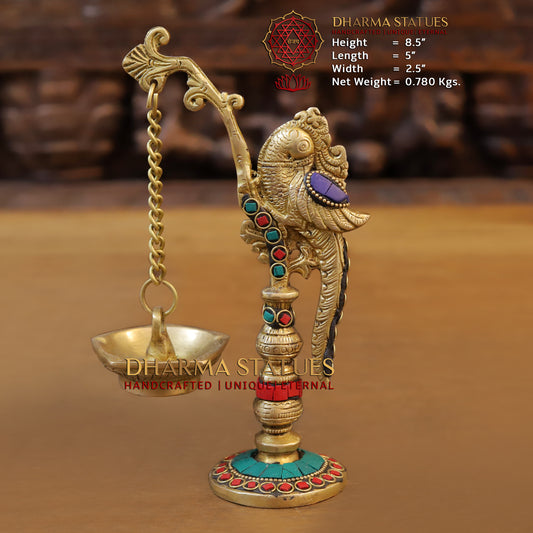 Brass Parrot Lamp, Stonework & Golden Finish, 8.5"