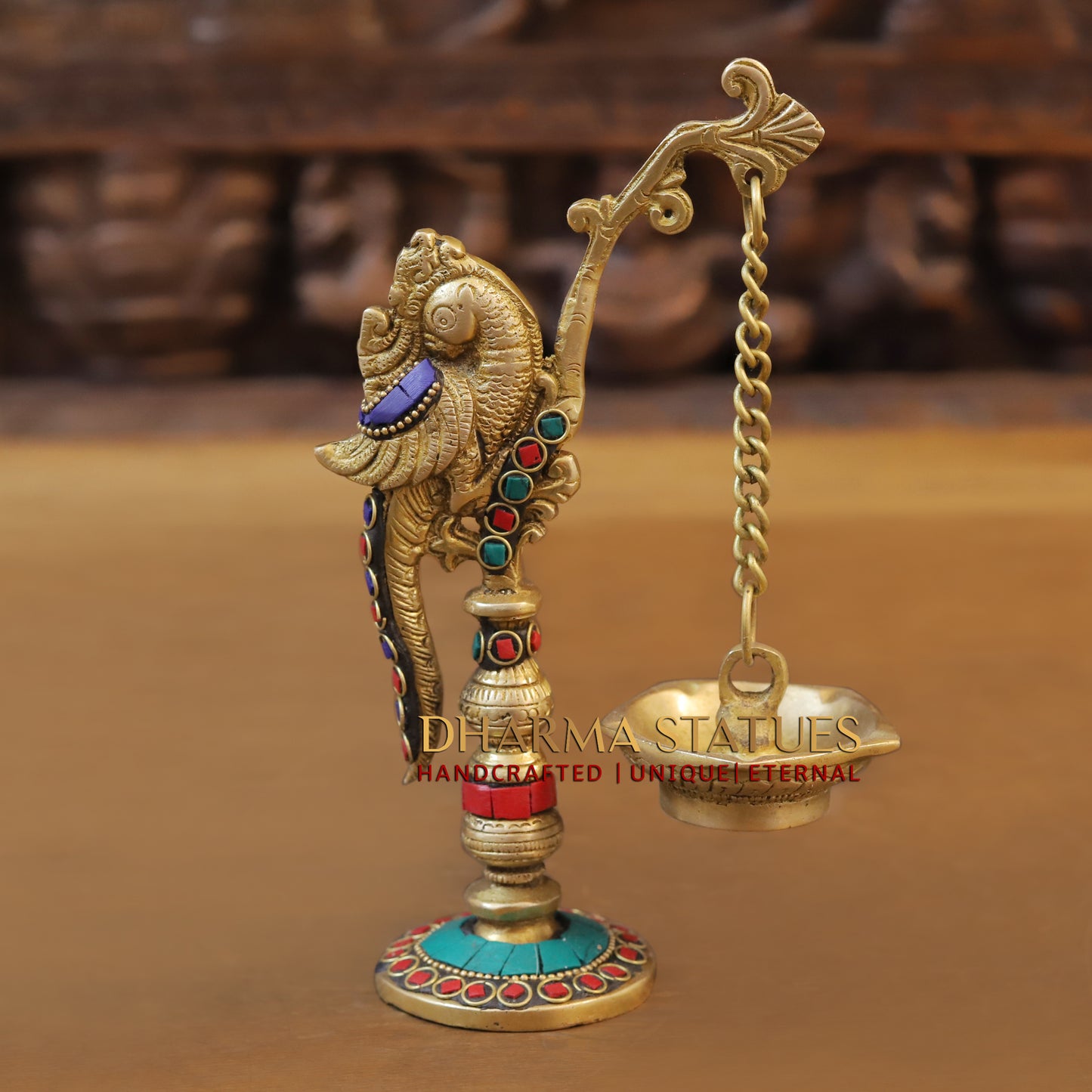 Brass Parrot Lamp, Stonework & Golden Finish, 8.5"