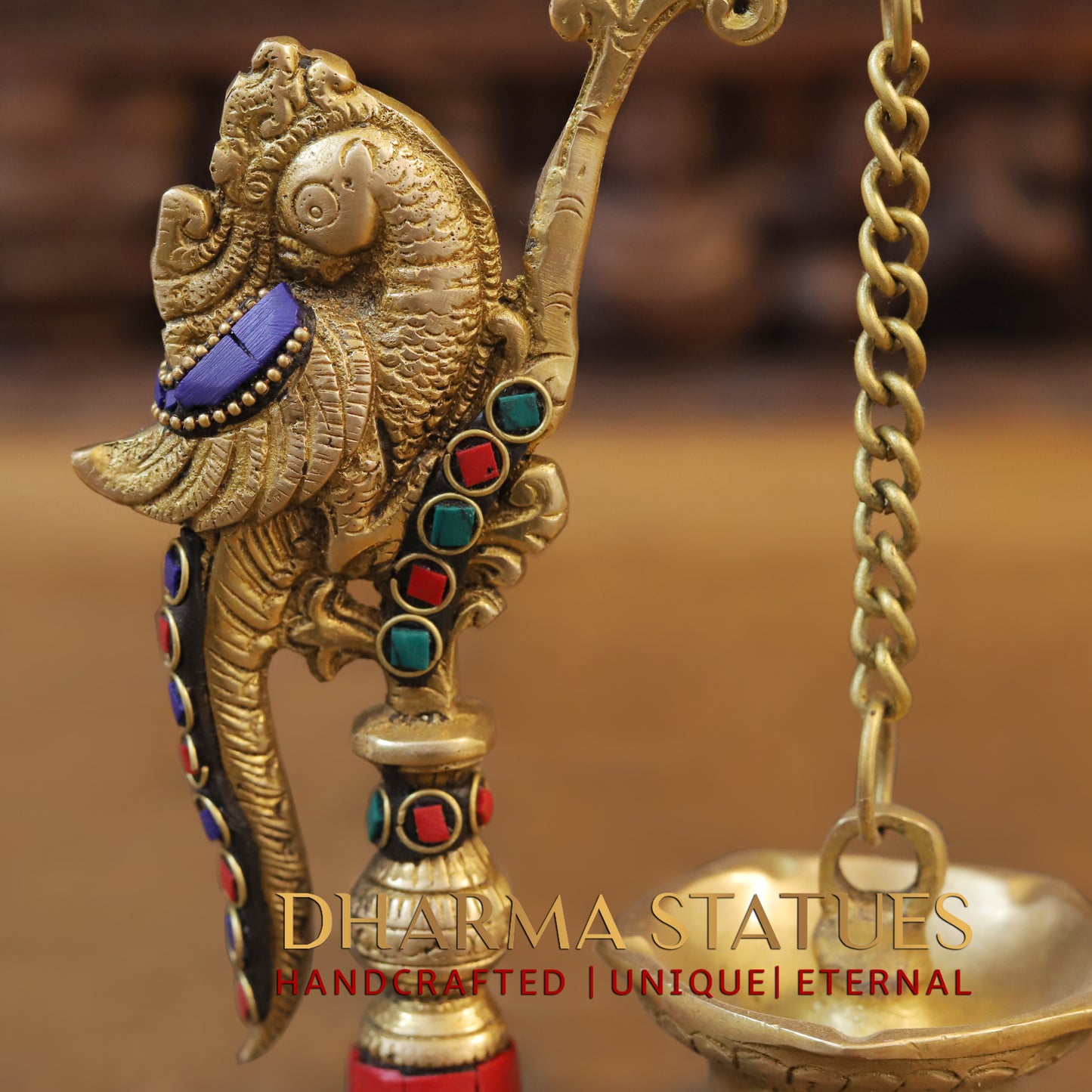 Brass Parrot Lamp, Stonework & Golden Finish, 8.5"