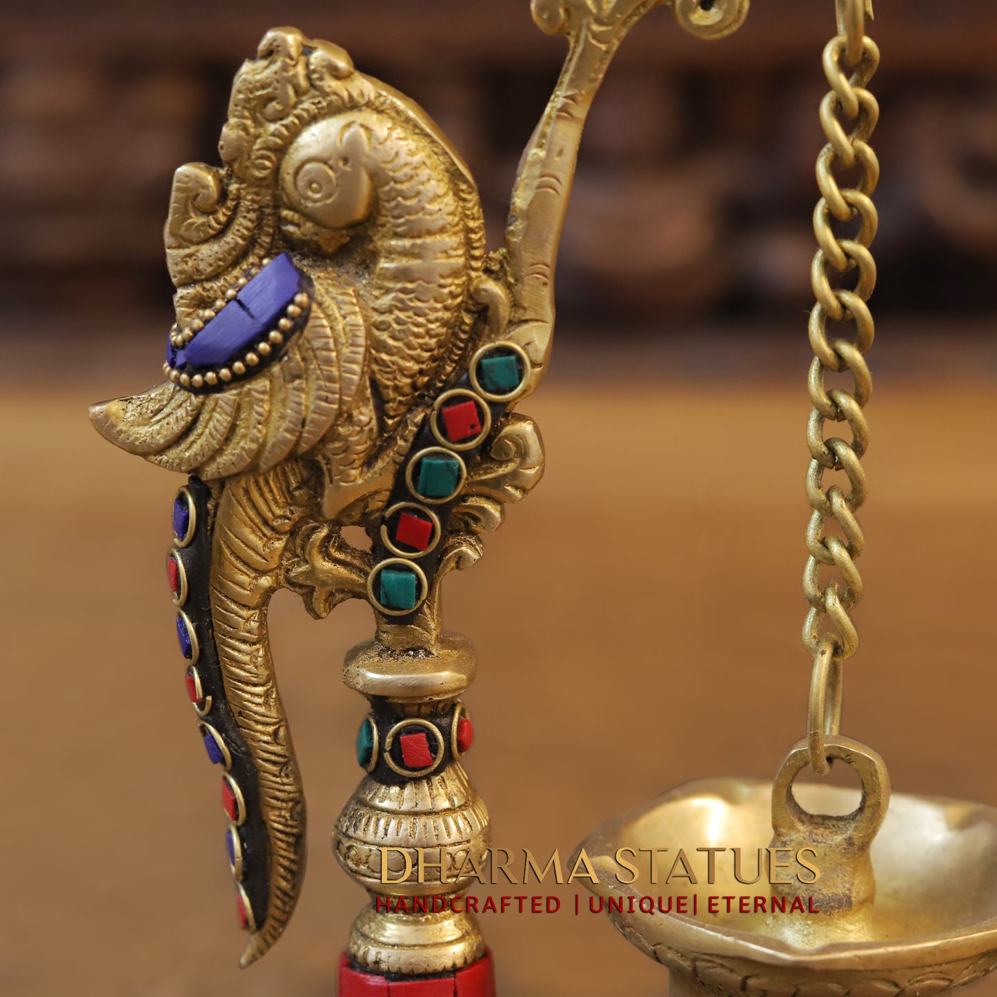 Brass Parrot Lamp, Stonework & Golden Finish, 8.5"
