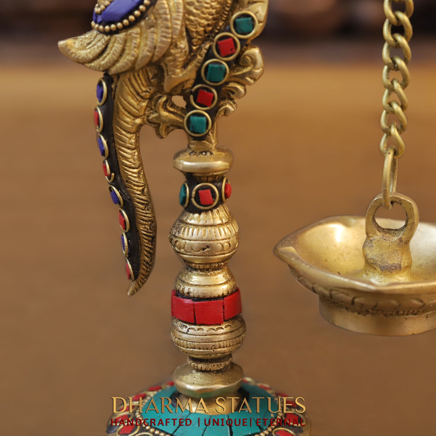 Brass Parrot Lamp, Stonework & Golden Finish, 8.5"