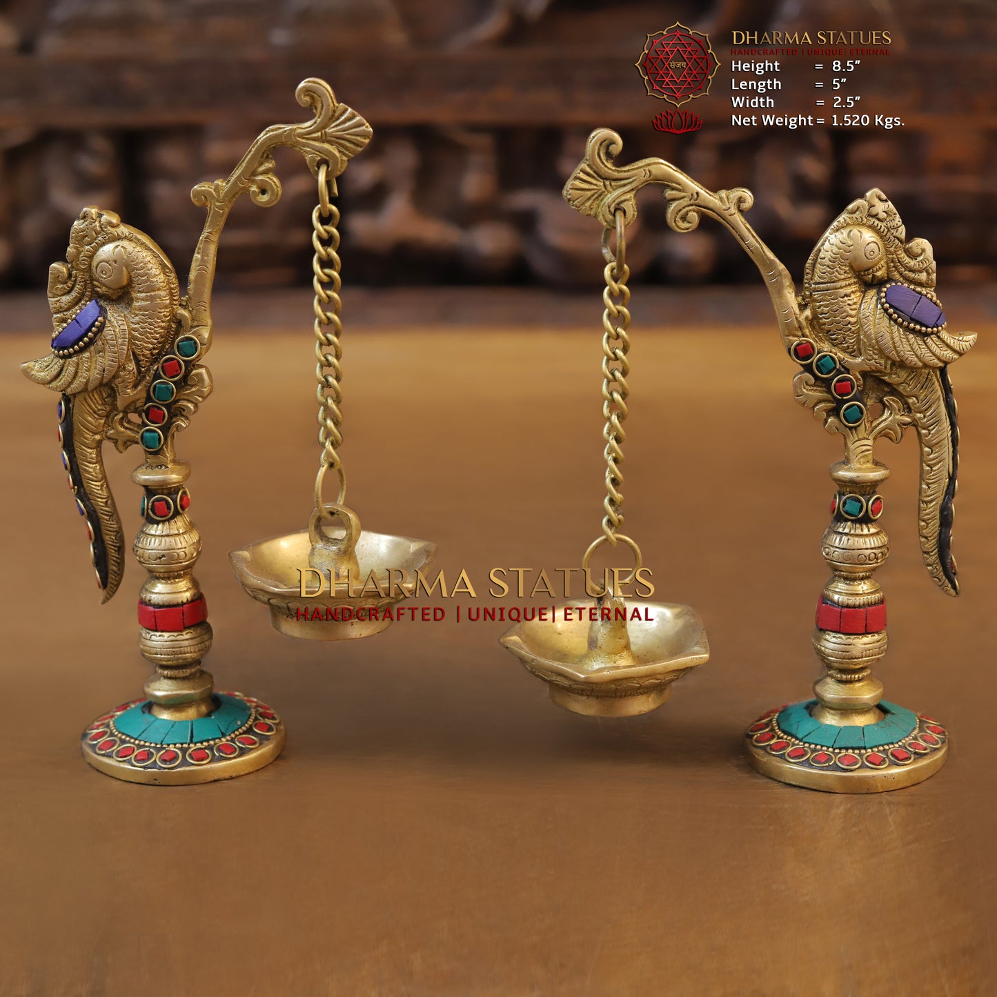 Brass Parrot Lamp, Stonework & Golden Finish, 8.5"