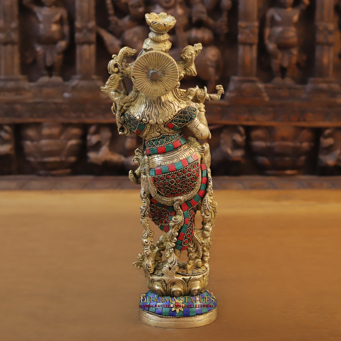 Brass Krishna Playing Flute, Stonework & Golden Finish, 14"
