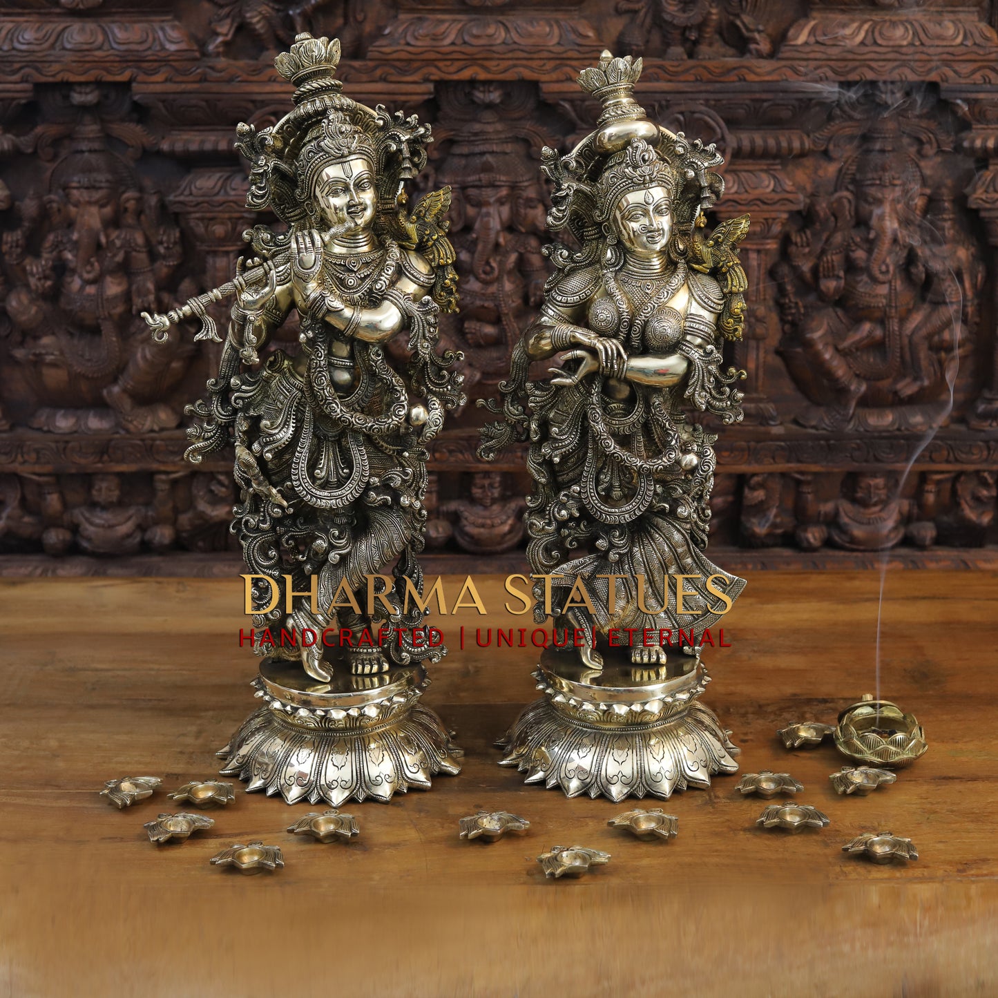Brass Radha & Krishna Playing Flute, Fine Golden Finish, 27"