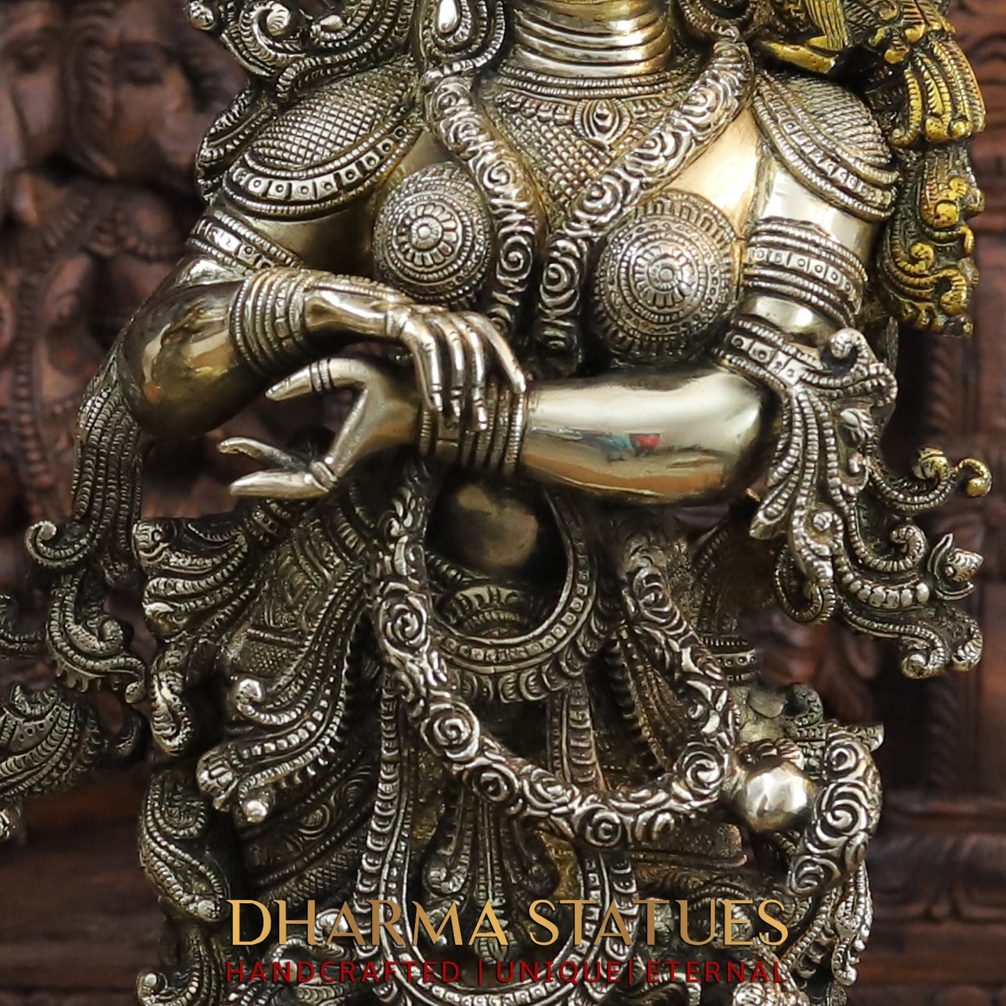 Brass Radha & Krishna Playing Flute, Fine Golden Finish, 27"
