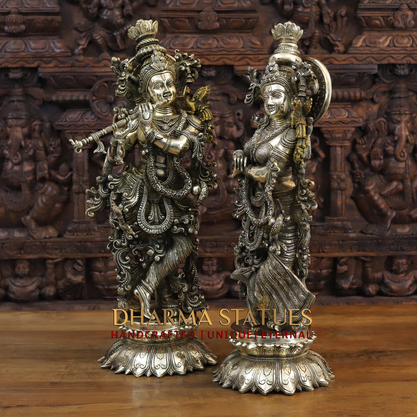 Brass Radha & Krishna Playing Flute, Fine Golden Finish, 27"