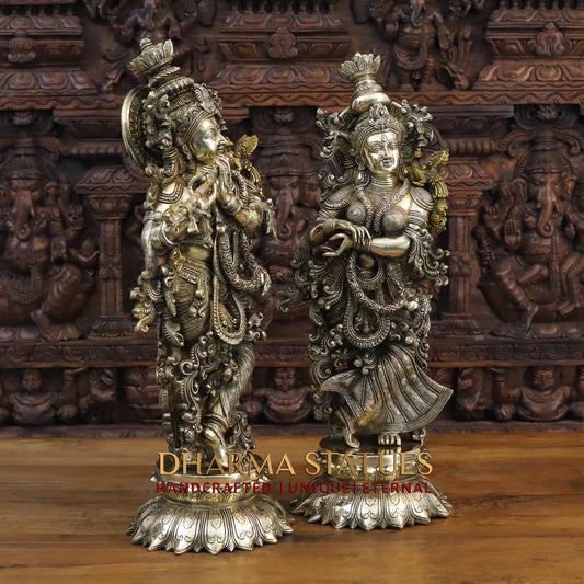 Brass Radha & Krishna Playing Flute, Fine Golden Finish, 27"