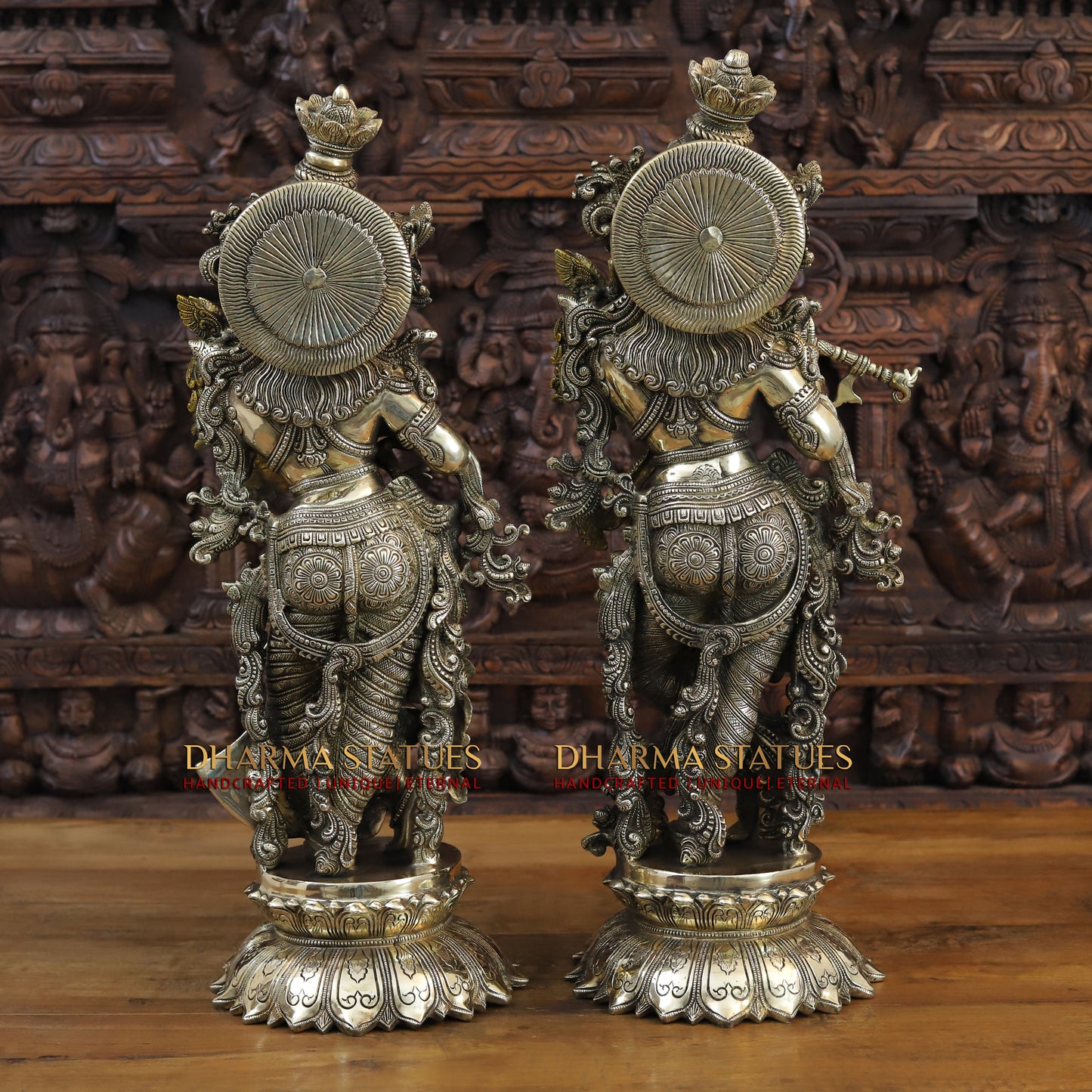 Brass Radha & Krishna Playing Flute, Fine Golden Finish, 27"