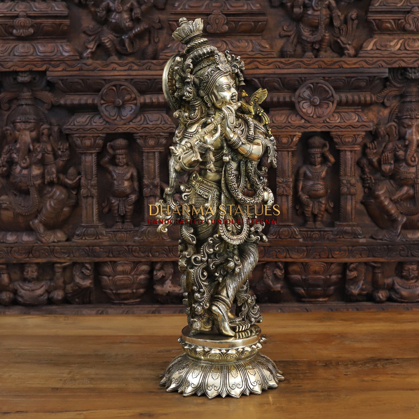 Brass Krishna Playing Flute, Fine Golden Finish, 27"