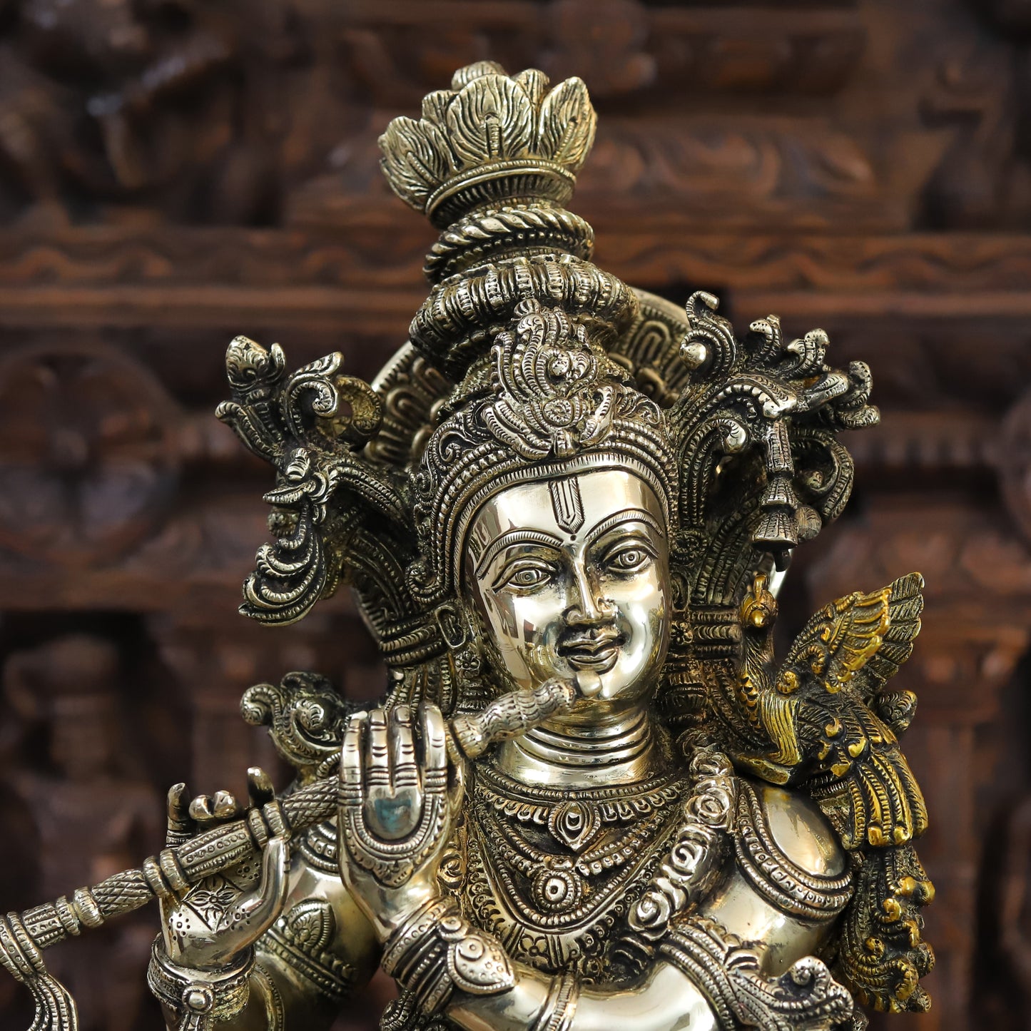 Brass Radha & Krishna Playing Flute, Fine Golden Finish, 27"