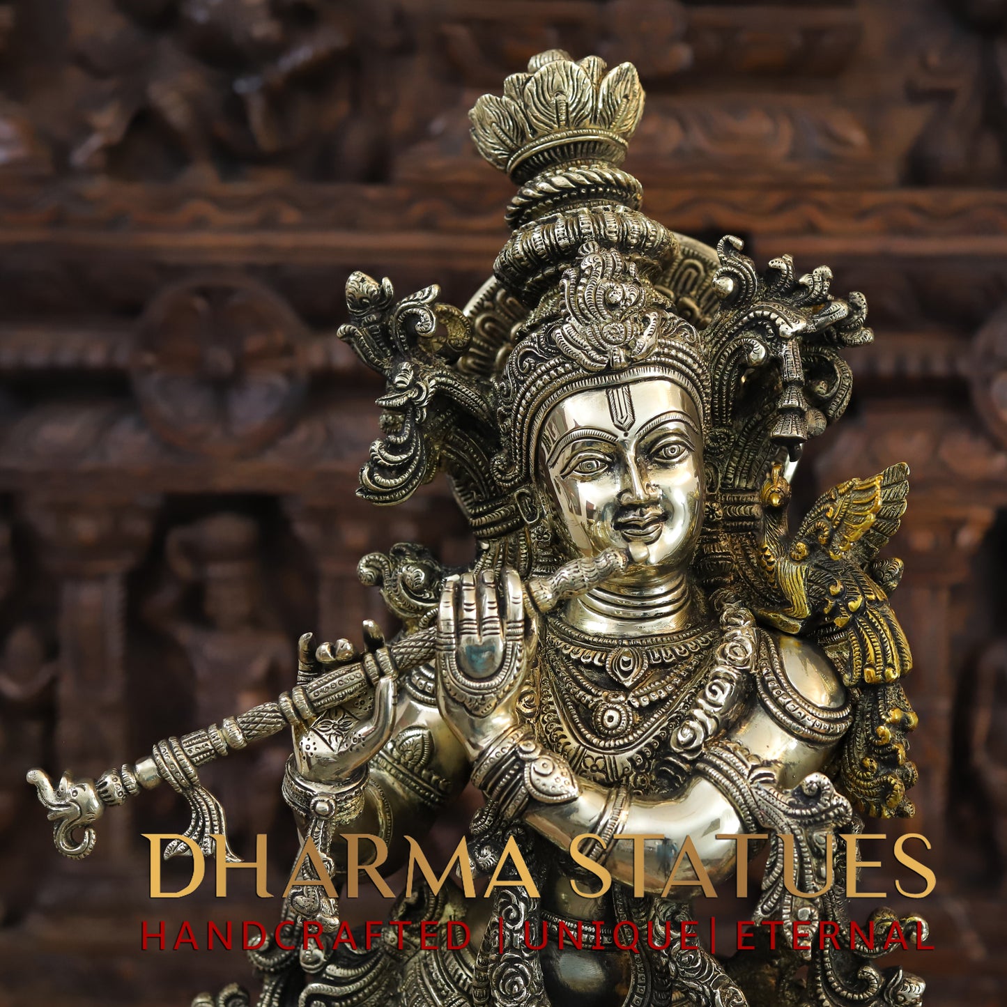 Brass Krishna Playing Flute, Fine Golden Finish, 27"