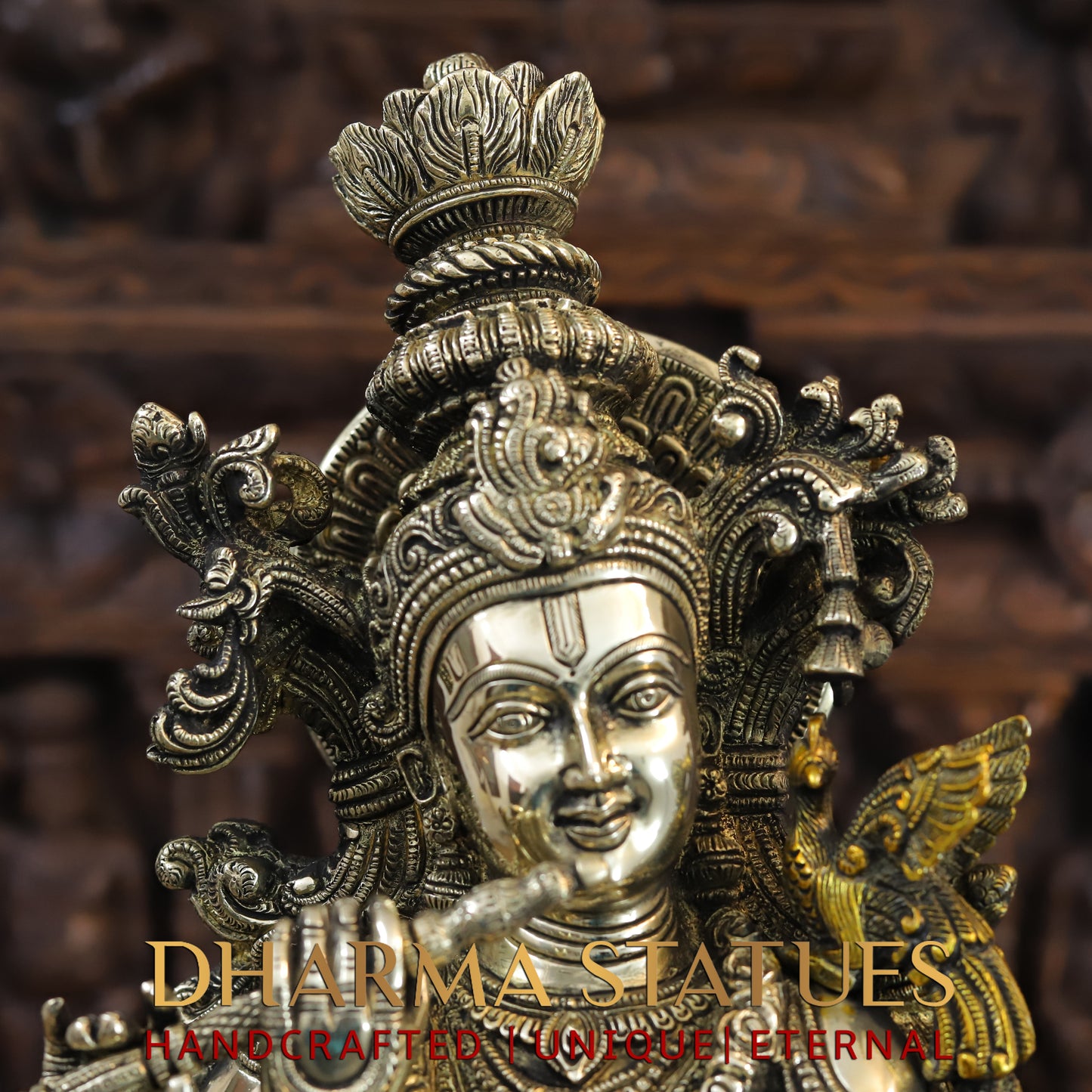 Brass Krishna Playing Flute, Fine Golden Finish, 27"