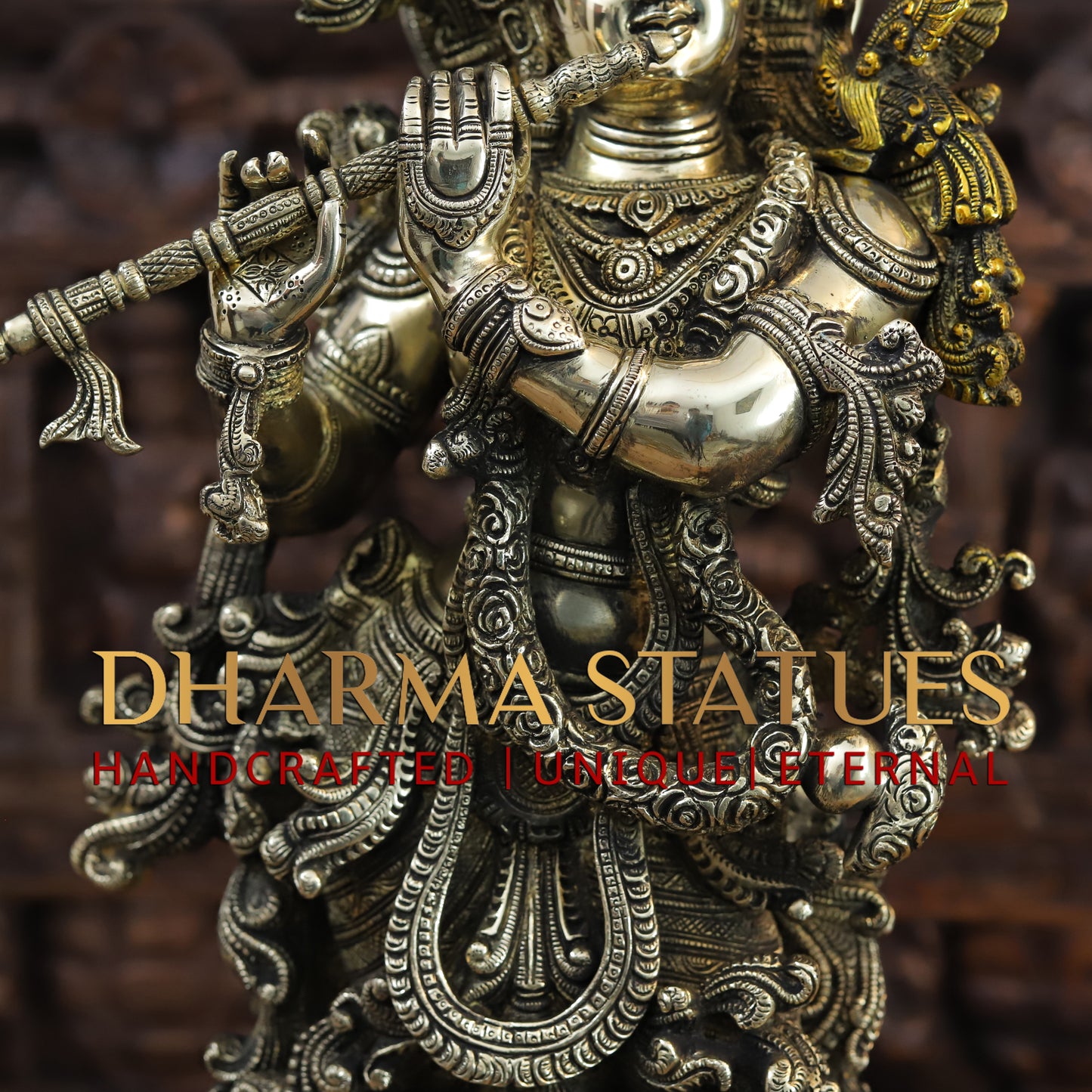 Brass Krishna Playing Flute, Fine Golden Finish, 27"