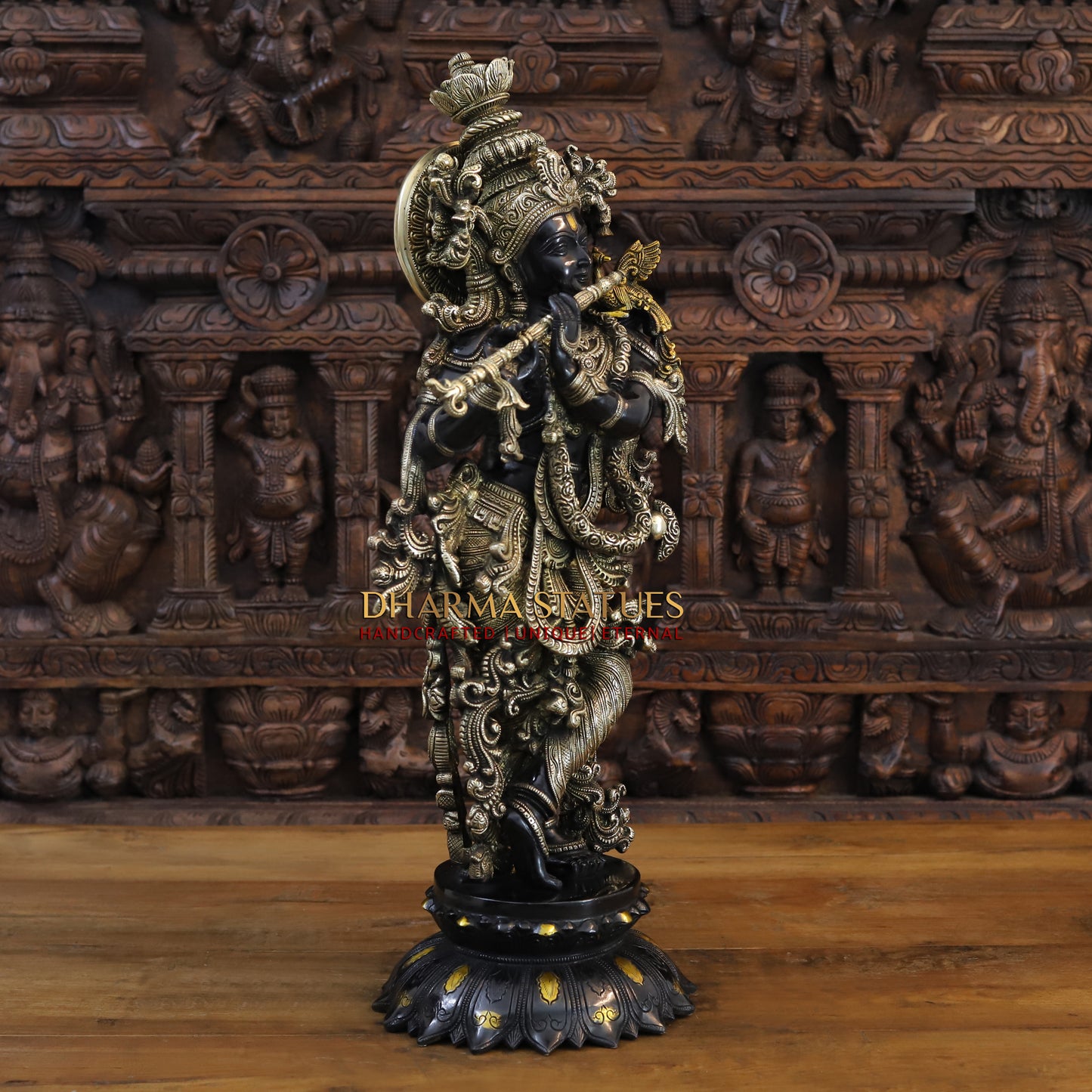 Brass Krishna Playing Flute, Black Patina & Fine Golden Finish, 27"