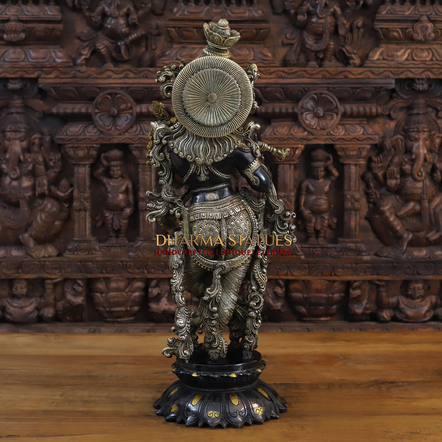 Brass Krishna Playing Flute, Black Patina & Fine Golden Finish, 27"