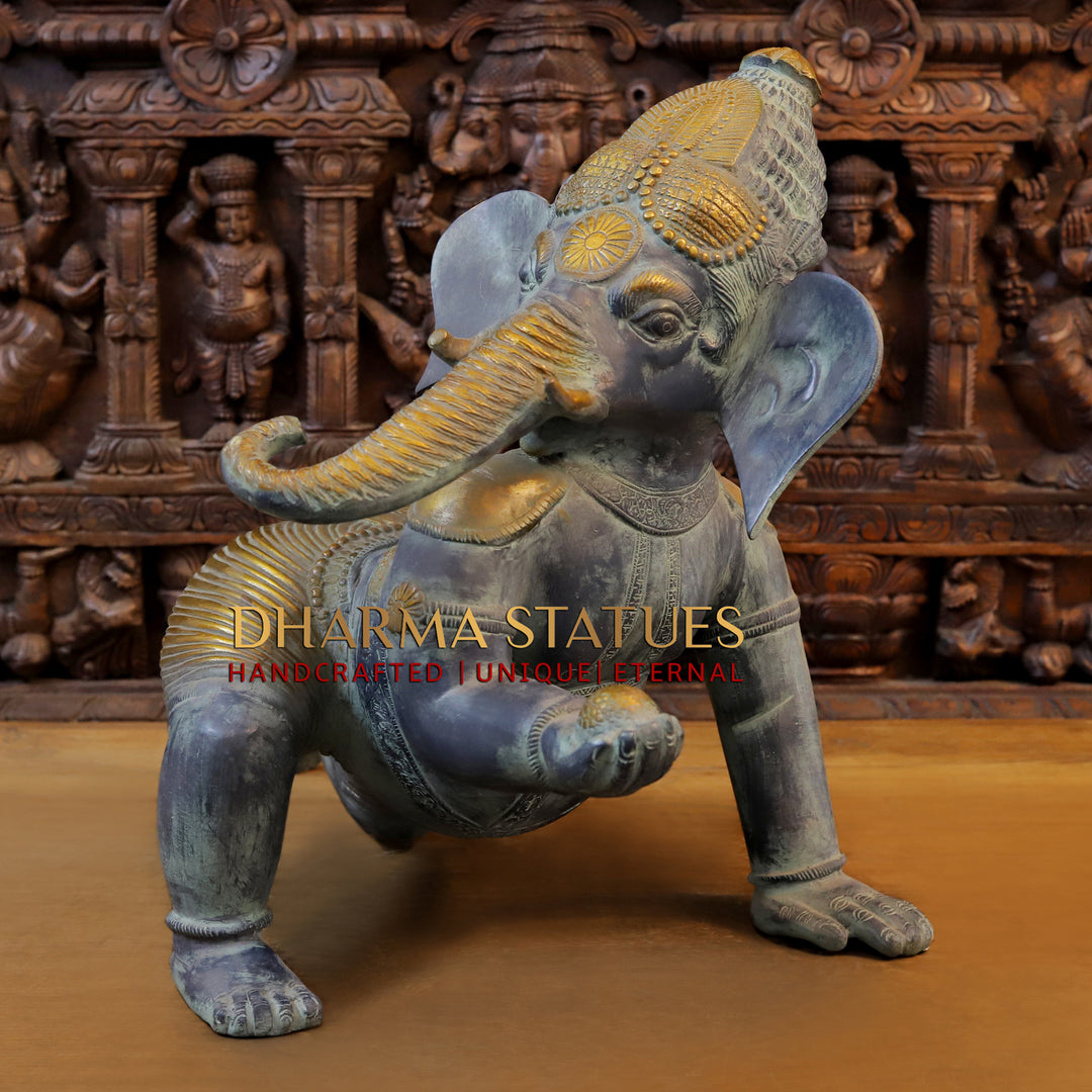 Brass Baby Ganesh Crawling Green finish 20.5"